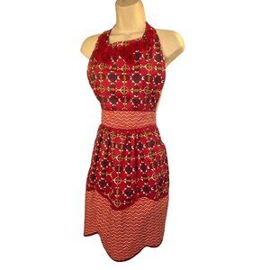 Simply EnVogue Wine Red Cotton Apron Women OS 3D Florette Applique Retro Kitchen